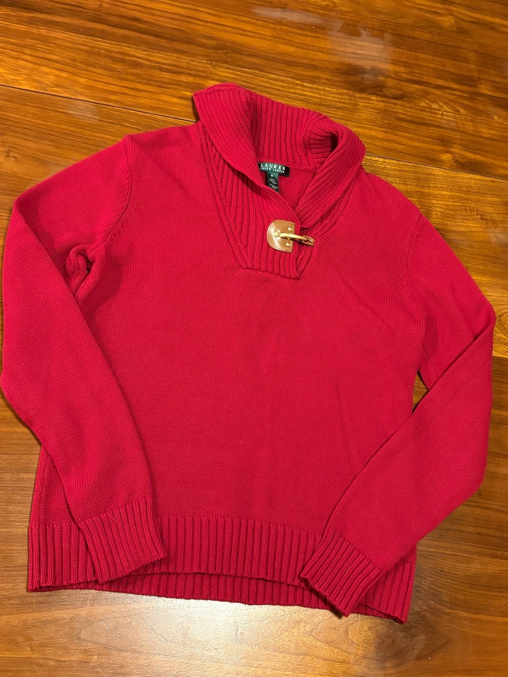 Lauren Ralph Lauren Sweater Womens Red Shawl Collar Metal Hardware 100% Cotton M